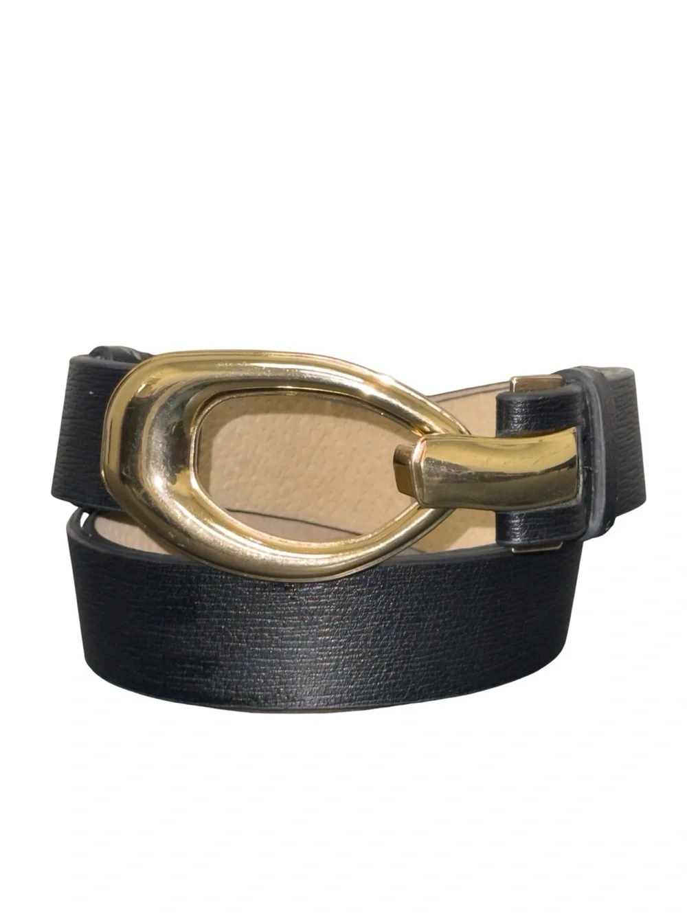 Chico’s Black Genuine Leather Belt M/L Adjustable Gold Statement Buckle